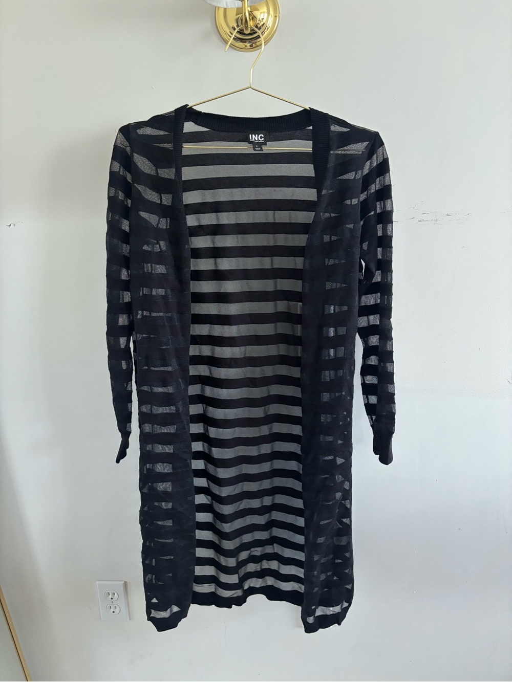 INC International Concepts S Black Sheer Stripe Long Cardigan